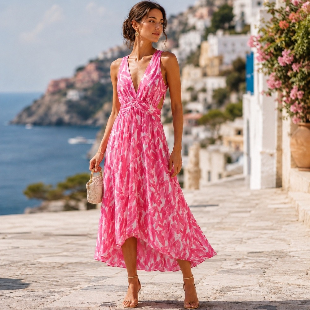 Anthropologie Pink White Cotton Sundress Pockets High Low Midi Euro Summer Sz 4